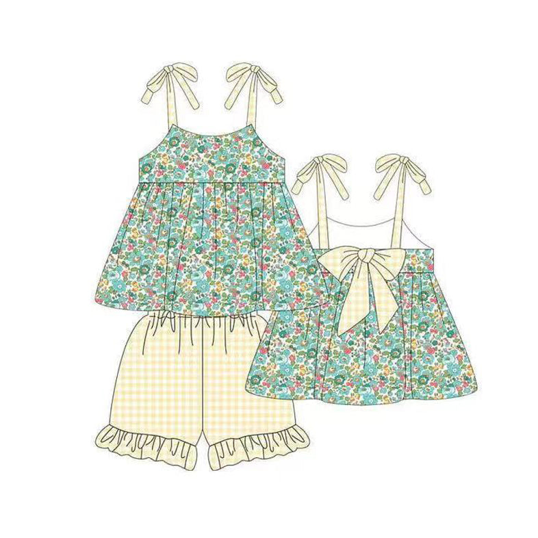 Preorder Baby Girl Straps Floral Bow Tunic Yellow Plaid Shorts Clothes Set ( Moq 5 )