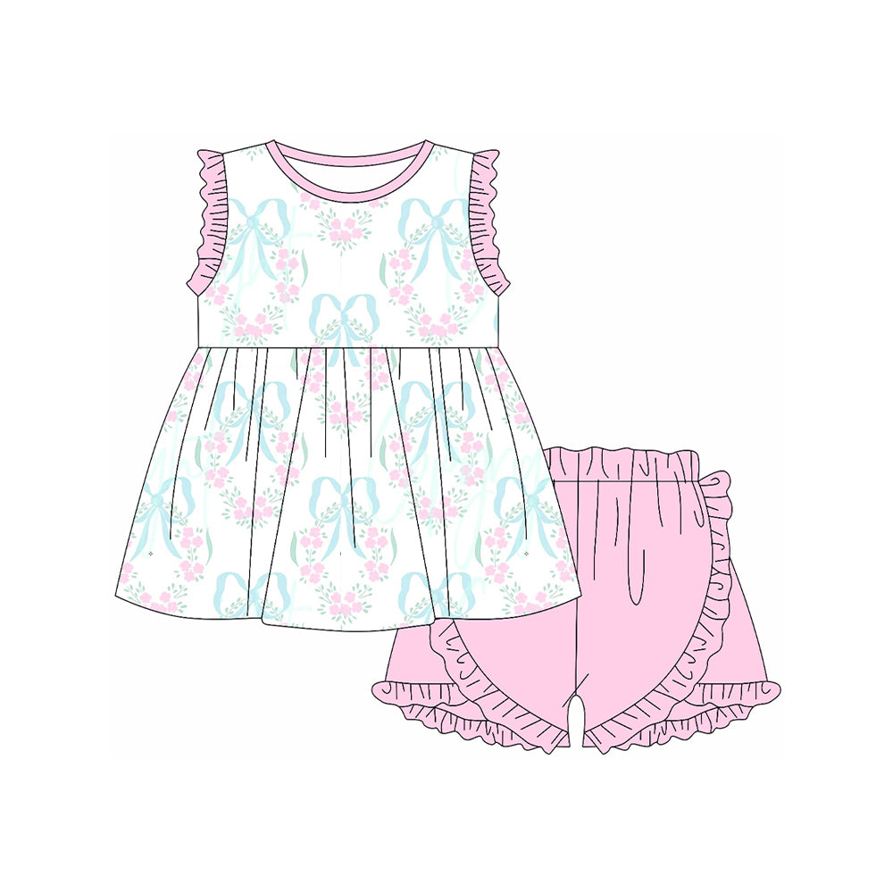 Preorder Baby Girl Sleeveless Bows Flower Tunic Pink Ruffle Shorts Set ( Moq 5 )