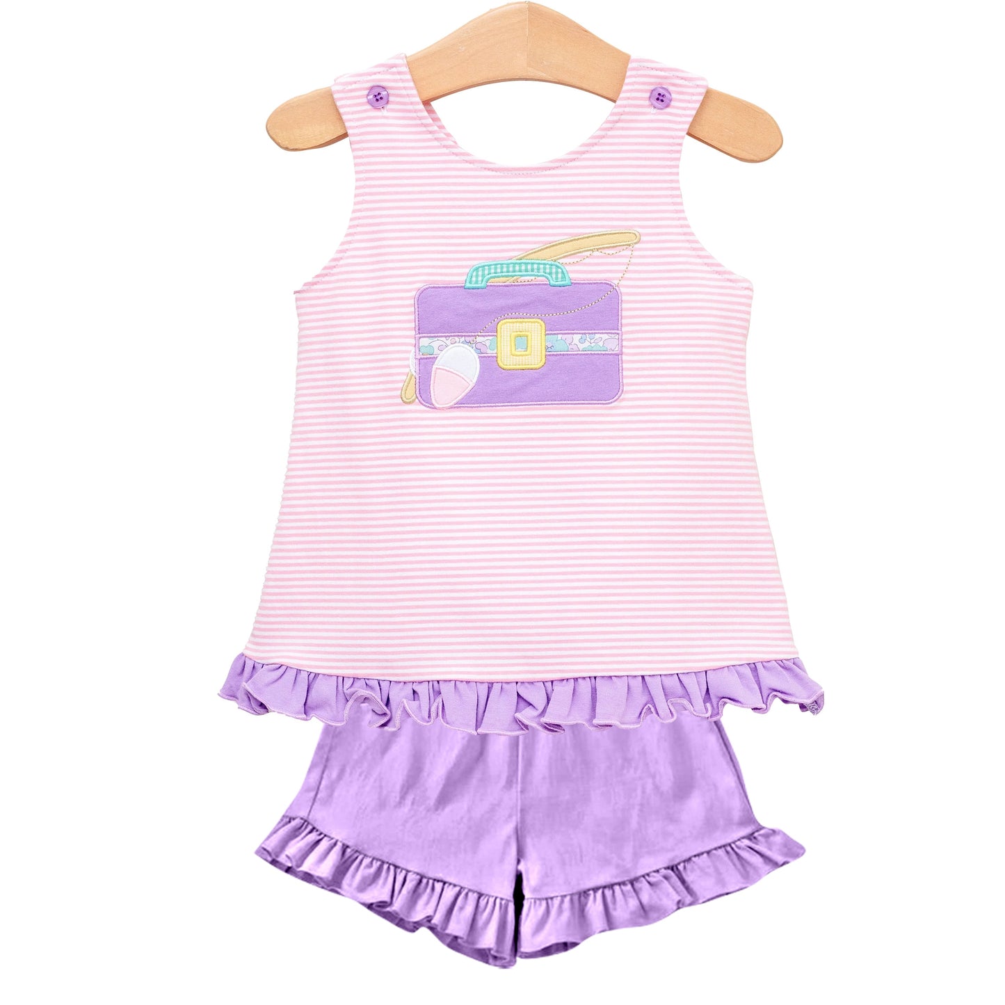 Preorder Baby Girl Short Sleeves Fishing Box Tunic Purple Ruffle Shorts Set ( Moq 5 )