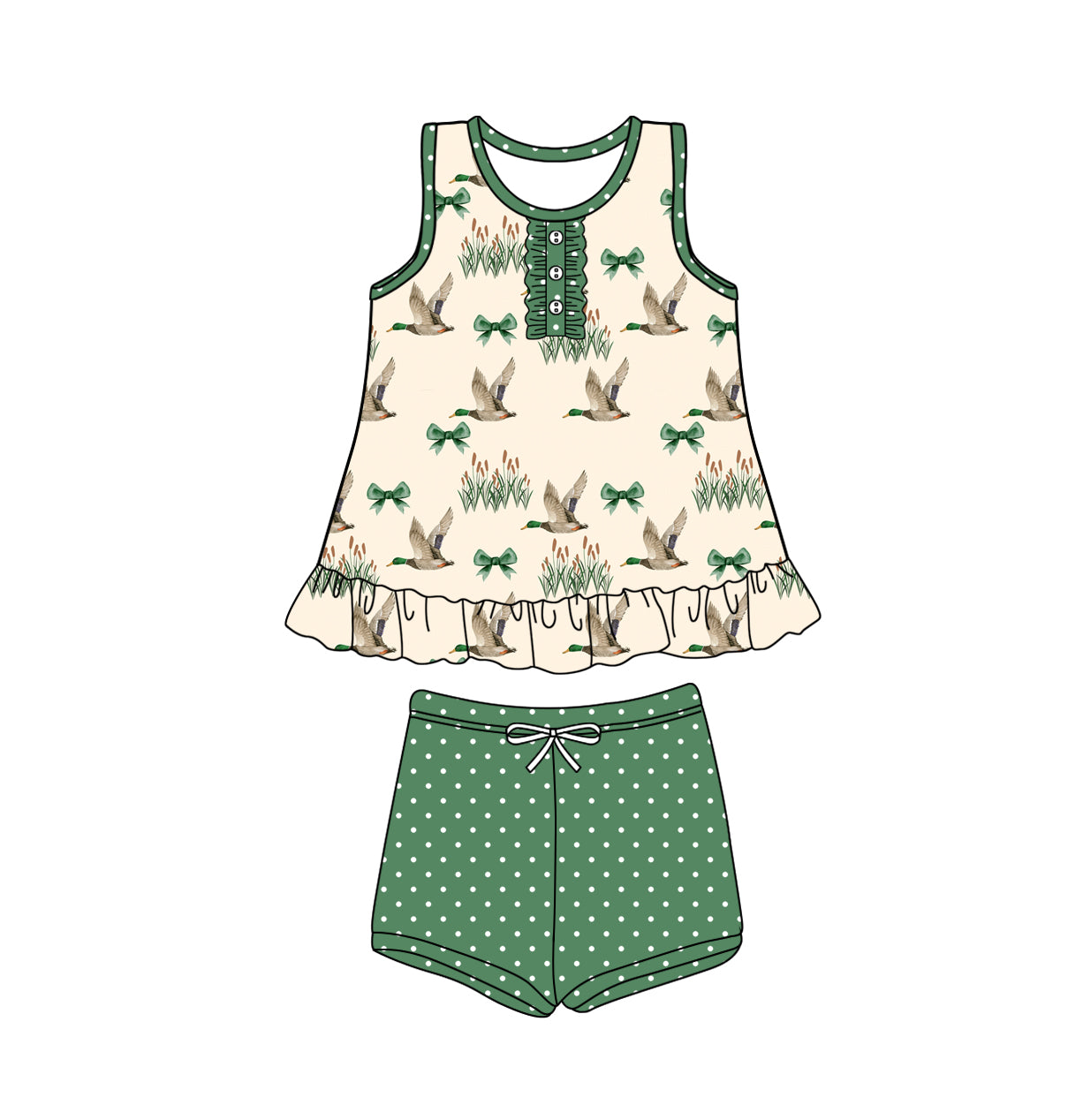 Preorder Baby Girl Sleeveless Ducks Tunic Green Shorts Set ( Moq 5 )