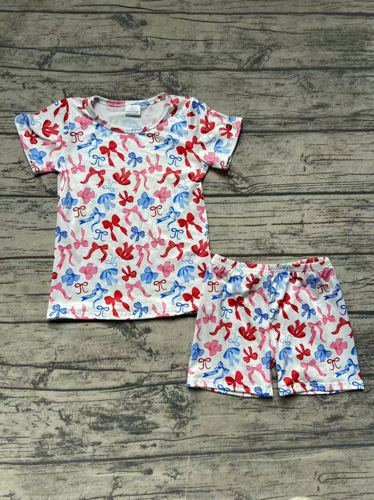 Preorder Baby Girl Short Sleeves July 4th Bows Shirt Shorts Set ( No moq )