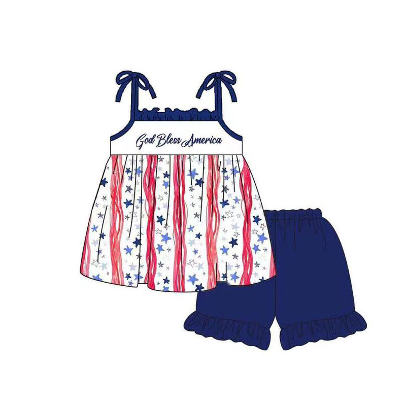 Preorder Baby Girl Straps God Bless America Tunic Shorts July 4th Set ( Moq 5 )
