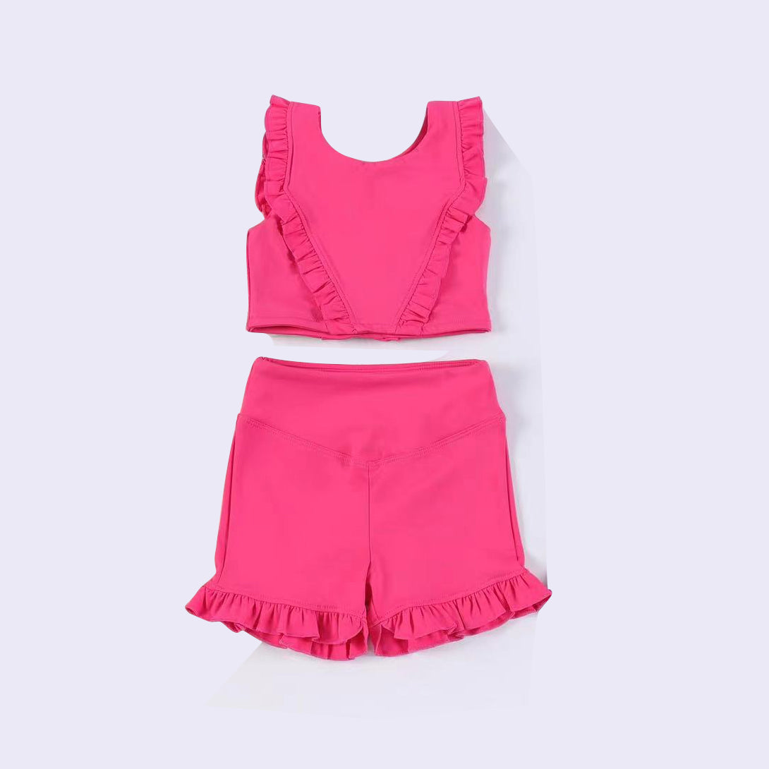 Preorder Baby Girl Pink Yoga Tops Ruffle Shorts Active Wear Clothes Set ( Moq 5 )