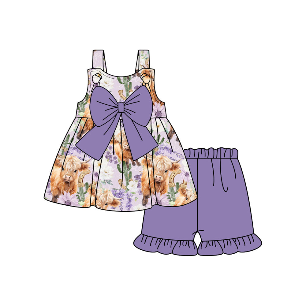 Preorder Baby Girl Infant Straps Western Cow Flower Cactus Bow Tunic Purple Shorts Set ( Moq 5 )