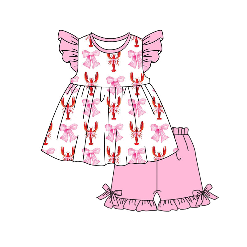Preorder Baby Girl Short Sleeves Bows Crawfish Tunic Pink Shorts Set ( Moq 5 )