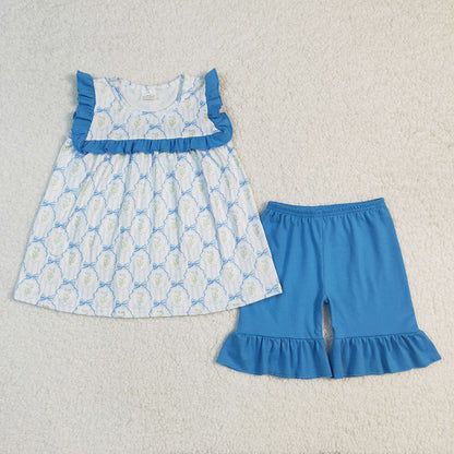 Baby Girl Kids Blue Bows Flower Sibling Romper Dress Clothes Set RTS