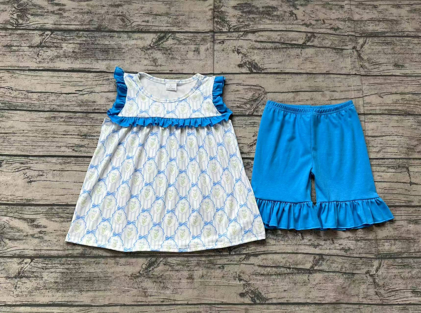 Preorder Baby Girl Short Sleeves Bows Flower Tunic Blue Shorts Set ( No moq )