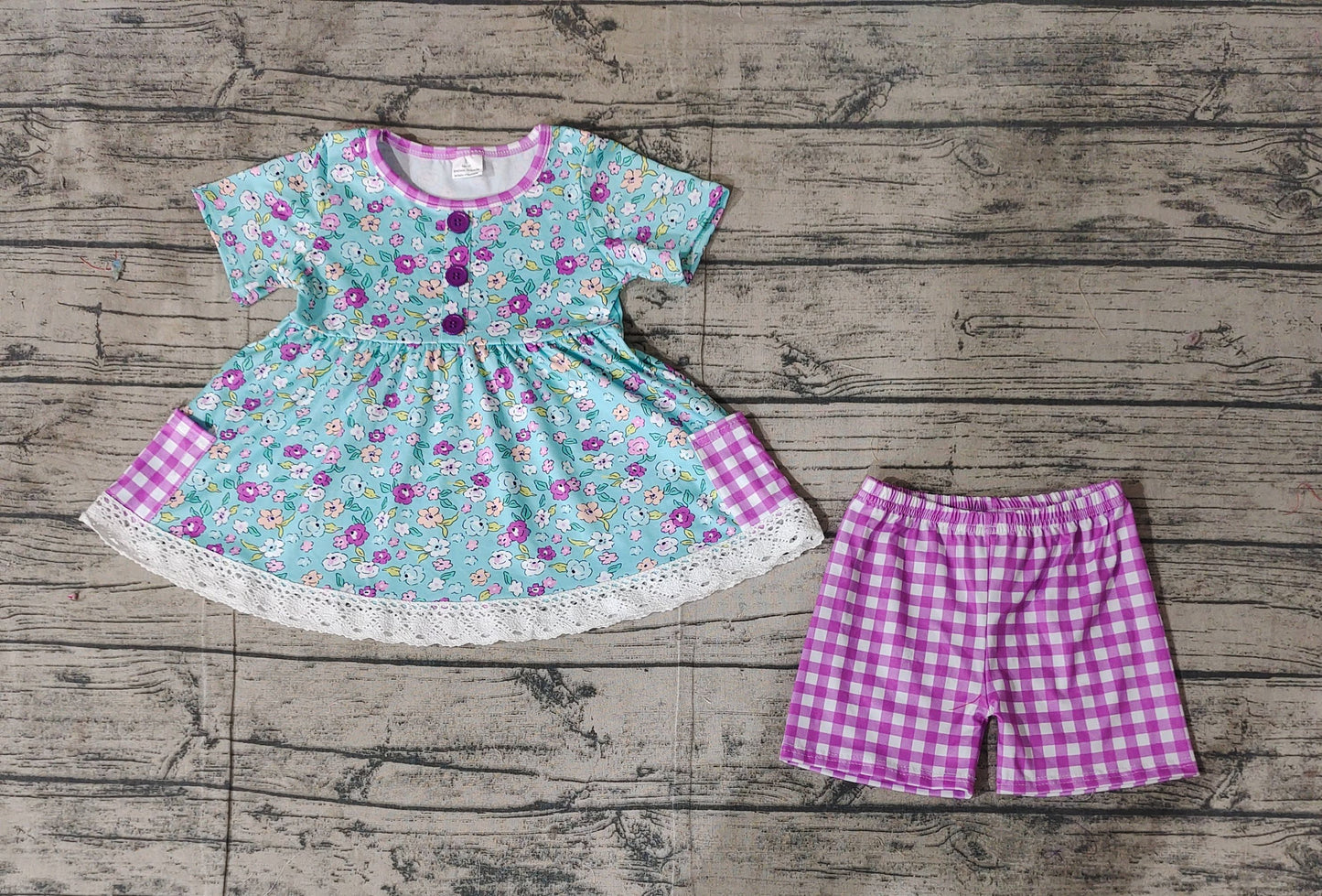 Preorder Baby Girl Short Sleeves Flower Tunic  Plaid Shorts Clothes Set ( No moq )