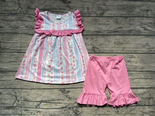 Preorder Baby Girl Short Sleeves Flower Tunic Ruffle Pink Shorts Set ( No moq )