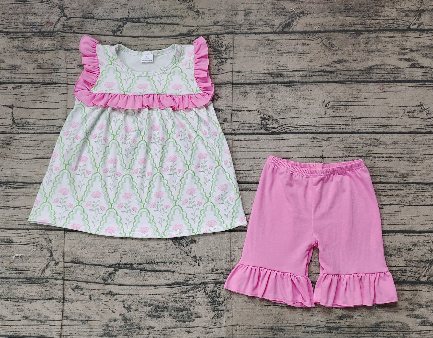 Preorder Baby Girl Infant Short Sleeves Flower Ruffle Tunic Pink Shorts Set ( No moq )