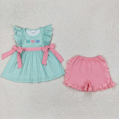 Baby Boy Girl Embroidery Crabs Green Plaid Sibling Summer Romper Outfit Clothes RTS