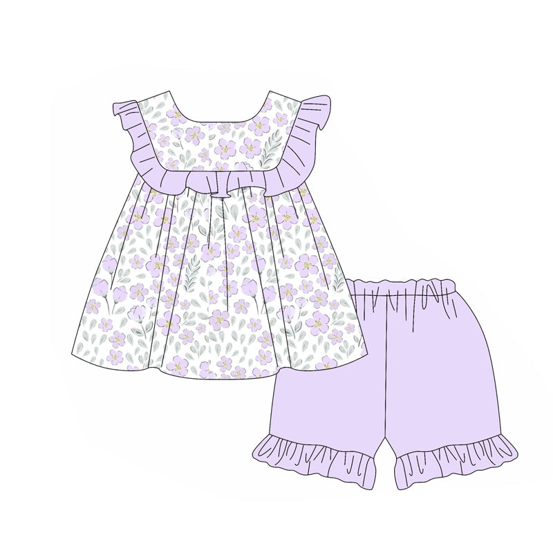 Preorder Baby Girl Short Sleeves Flower Tunic Ruffle Purple Shorts Set ( Moq 5 )