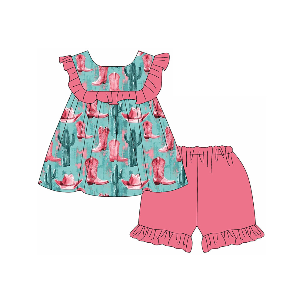 Preorder Baby Girl Western Boots Cactus Tunic Ruffle Shorts Set ( Moq 5 )