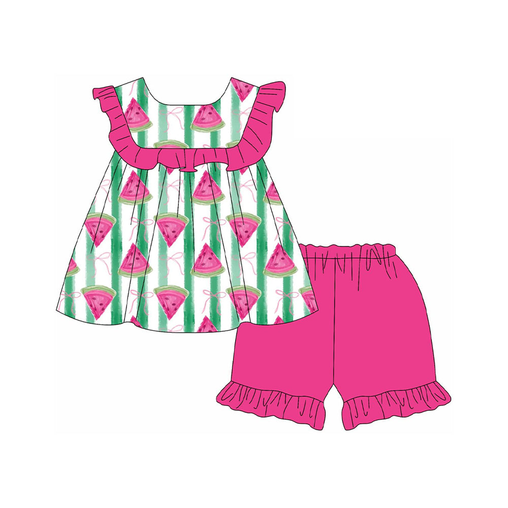 Preorder Baby Girl Short Sleeves Watermelon Tunic Ruffle Pink Shorts Set ( Moq 5 )