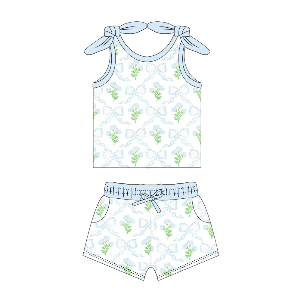 Preorder Baby Girl Sleeveless Flower Bows Tops Shorts Clothes Set ( Moq 5 )