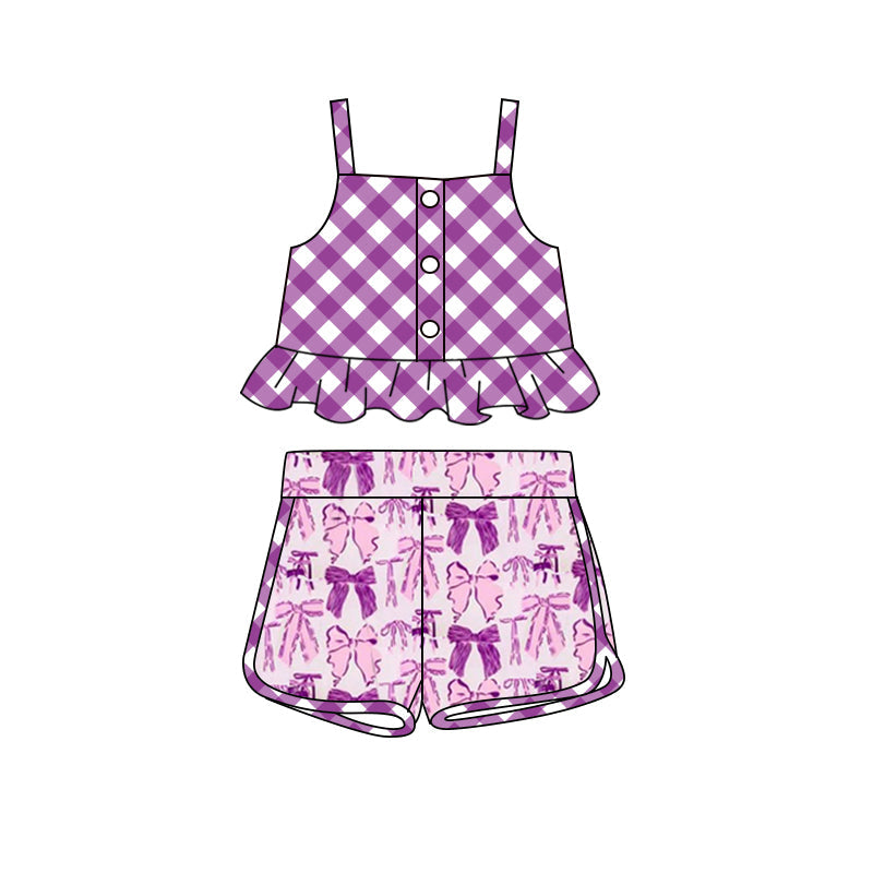 Baby Girl Straps Purple Checkered Tops Bows Shorts Clothes Set RTS