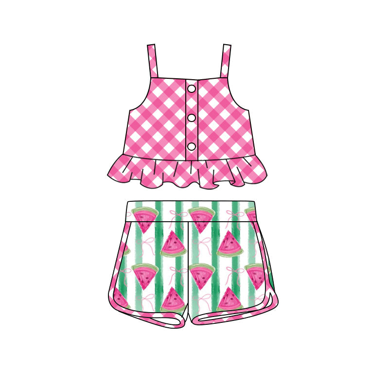 Preorder Baby Girl Straps Pink Checkered Tops Watermelon Shorts Clothes Set ( Moq 5 )