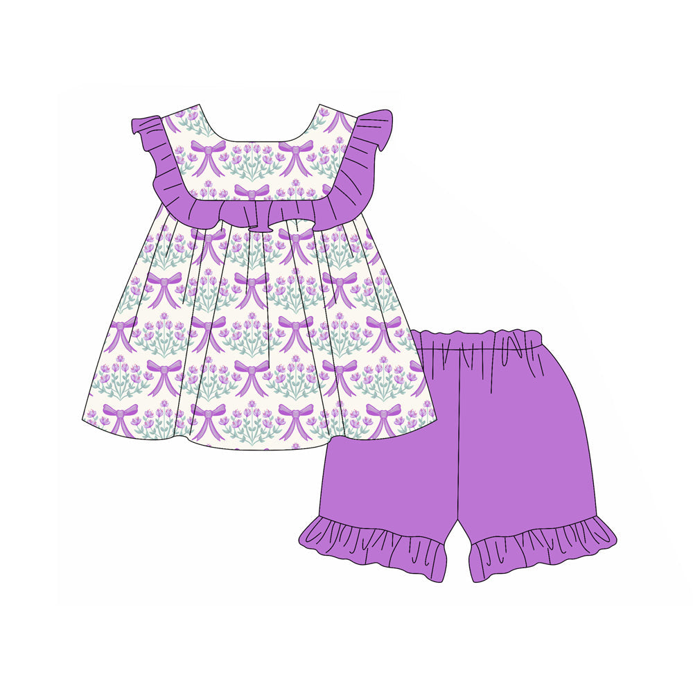 Preorder Baby Girl Purple Bows Flower Ruffles Tunic Shorts Set ( Moq 5 )