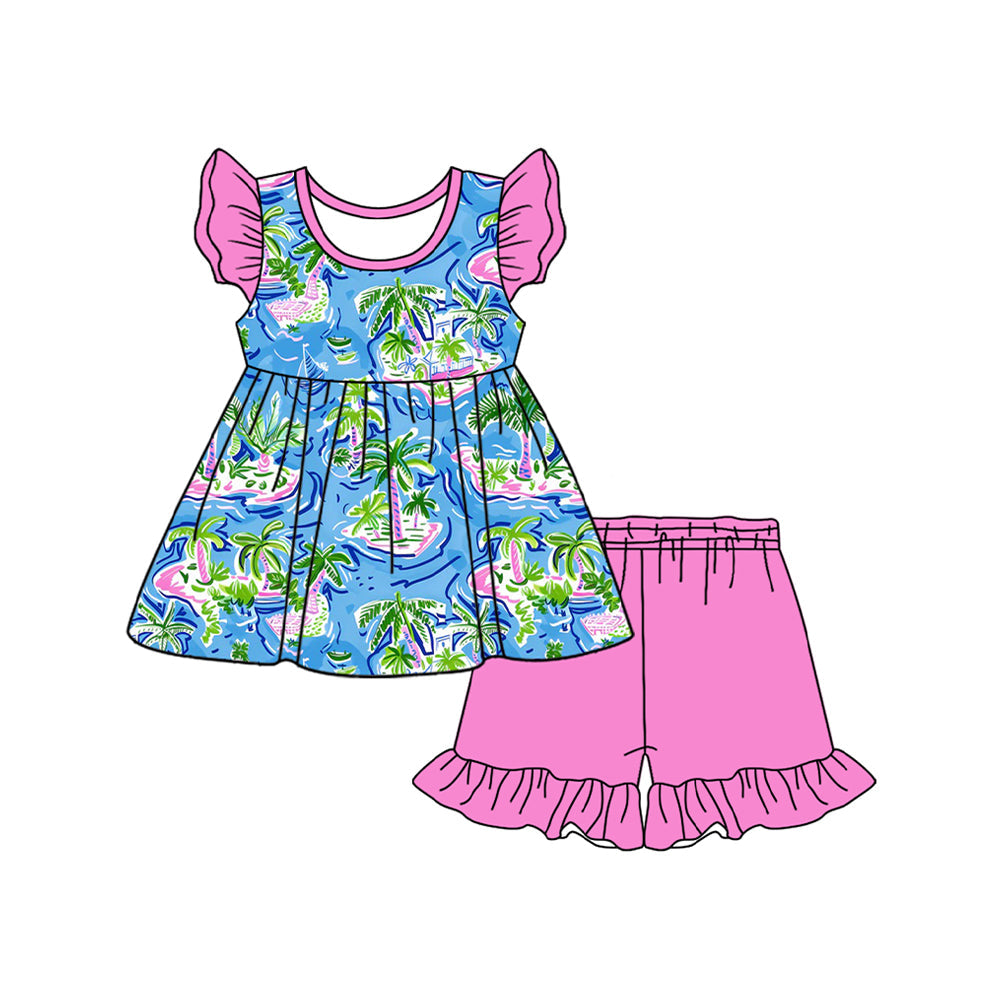 Pre-order Baby Girl Short Sleeves Trees Tunic Pink Shorts Set ( Moq 5 )