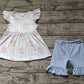 Baby Girl Short Sleeves Flower Bows Tunic Blue Shorts Set RTS