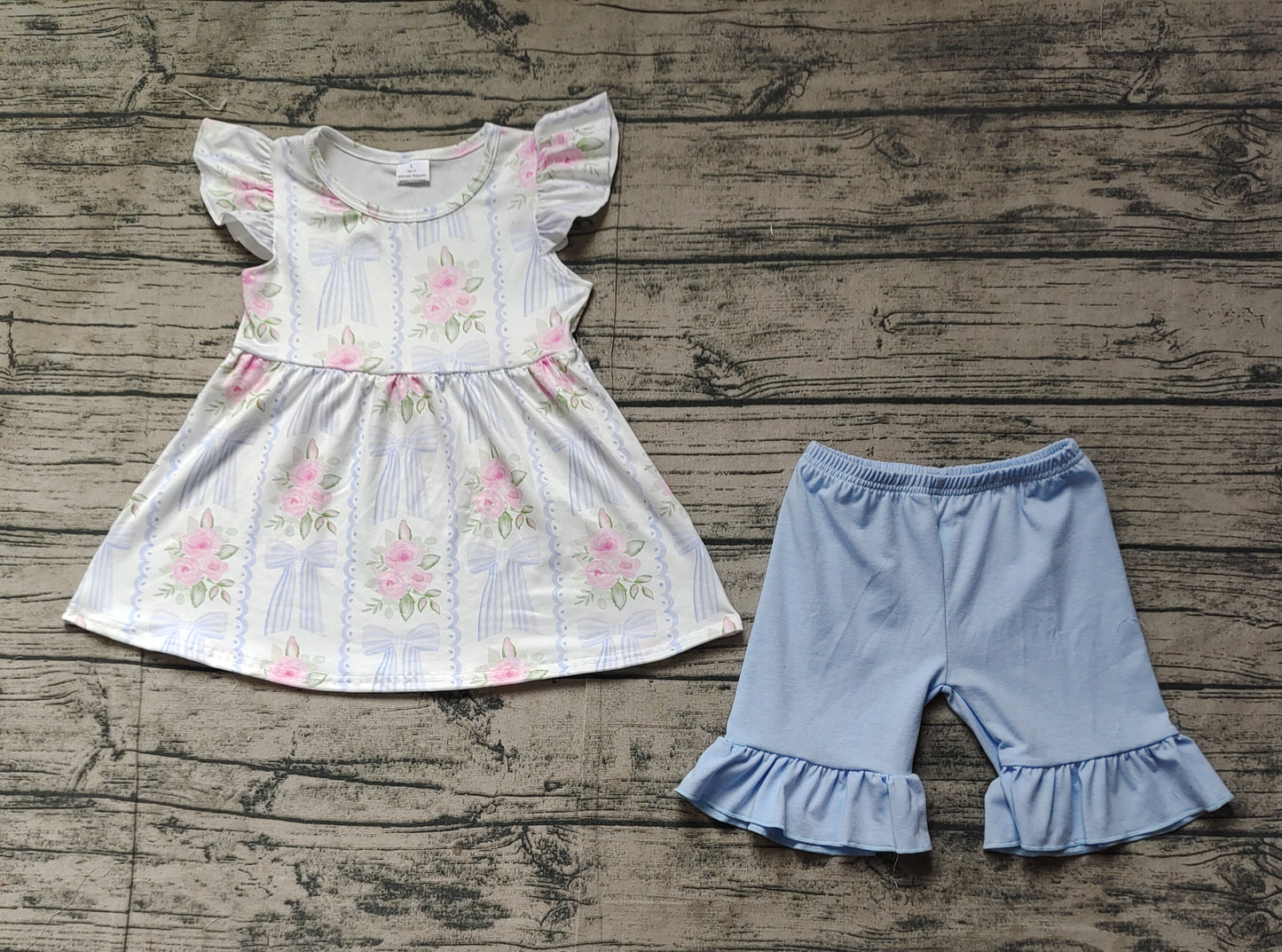 Baby Girl Short Sleeves Flower Bows Tunic Blue Shorts Set RTS