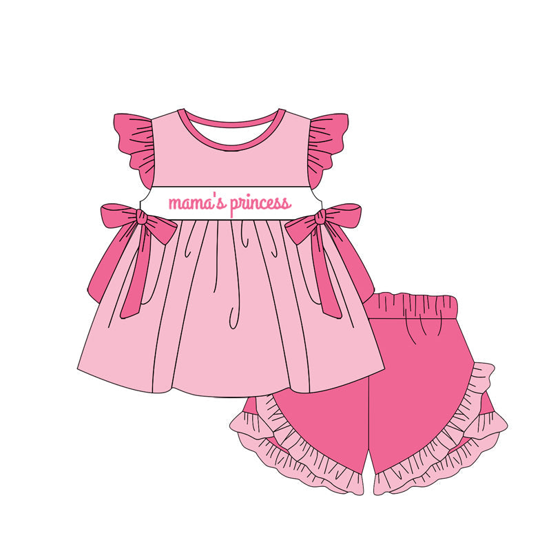 Preorder Baby Girl Short Sleeves Mama's Princess Bows Tunic Ruffle Shorts Set ( Moq 5 )