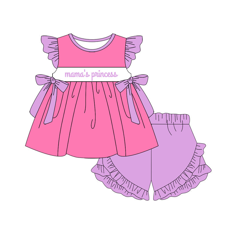 Preorder Baby Girl Short Sleeves Mama's Princess Bows Tunic Ruffle Shorts Pink Set ( Moq 5 )