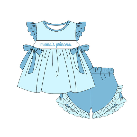 Preorder Baby Girl Short Sleeves Mama's Princess Bows Tunic Ruffle Shorts Blue Set ( Moq 5 )