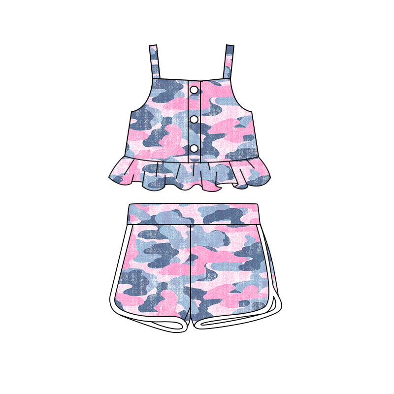 Preorder Baby Girl Straps Pink Camo Tops Shorts Clothes Set ( Moq 5 )