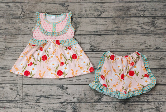 Preorder Baby Girl Sleeveless Dots Flower Tunic Ruffle Shorts Set ( No moq )