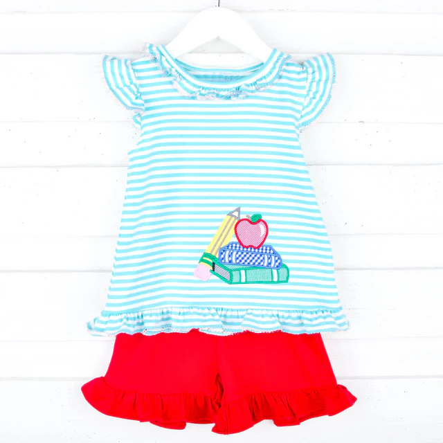 Preorder Baby Girl Short Sleeves Back To School Books Tunic Ruffle Shorts Set ( Moq 5 )