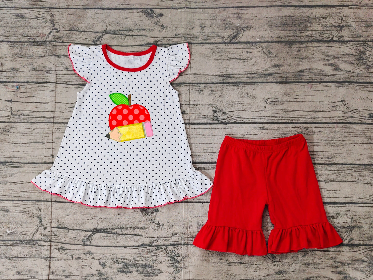 Preorder Baby Girl Back To School Embroidery Apple Pencel Tops Shorts Clothes Set ( No moq )