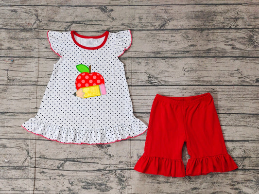 Preorder Baby Girl Back To School Embroidery Apple Pencel Tops Shorts Clothes Set ( No moq )