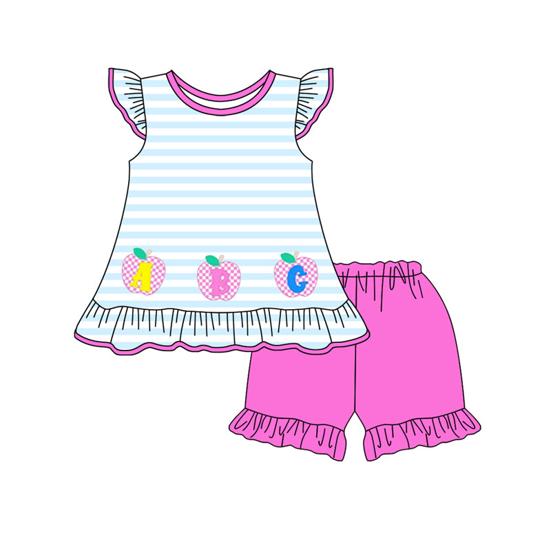 Preorder Baby Girl Short Sleeves Back To School Apple ABC Tops Shorts Clothes Set ( Moq 5 )