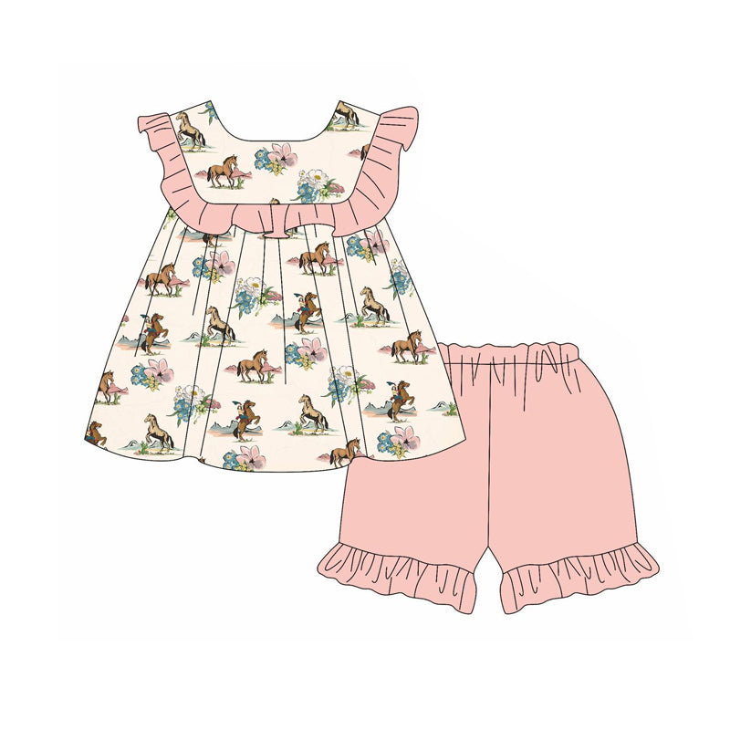 Preorder Baby Girl Western Horse Flower Tops Ruffle Shorts Clothes Set ( Moq 5 )