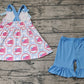 Preorder Baby Girl Straps Bows Flags Tops Blue Ruffle Shorts Clothes Set ( No moq )