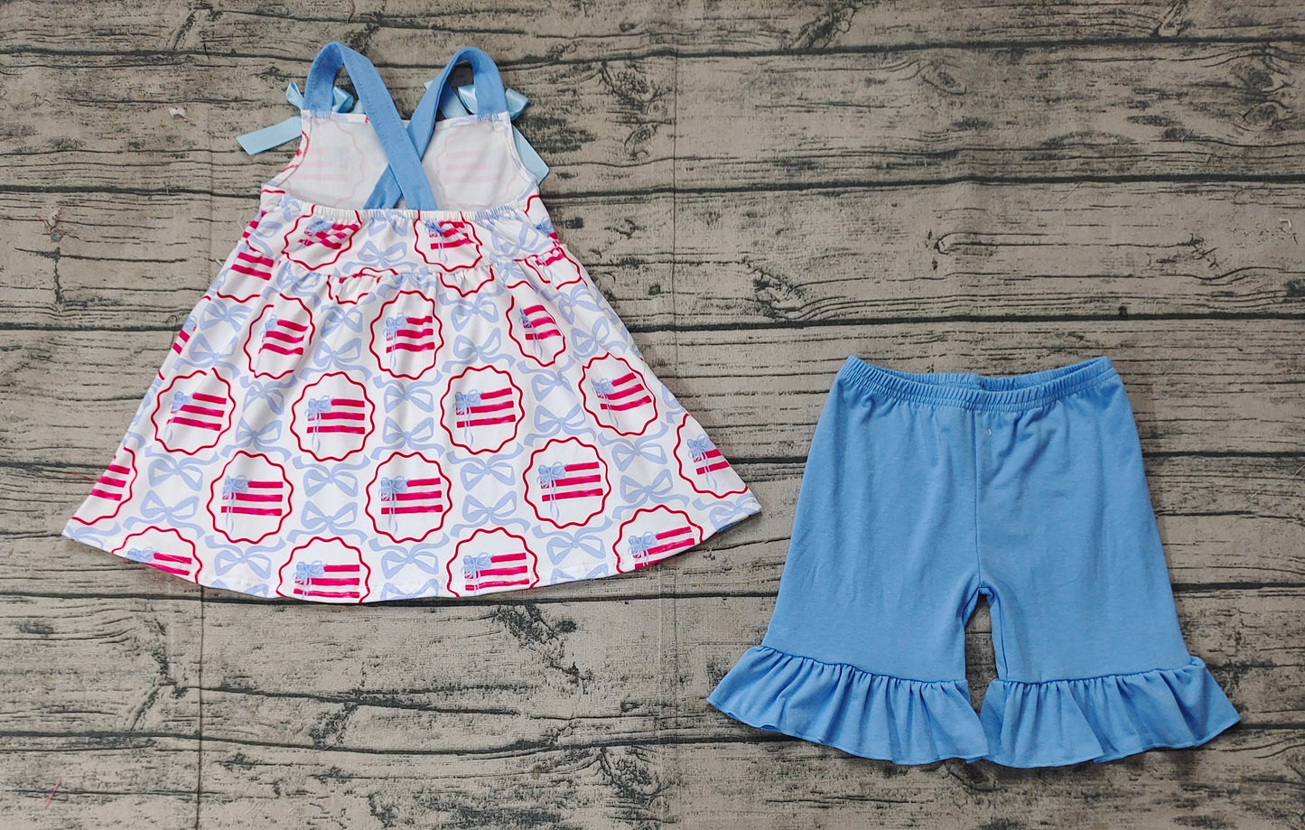 Preorder Baby Girl Straps Bows Flags Tops Blue Ruffle Shorts Clothes Set ( No moq )