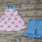 Preorder Baby Girl Straps Bows Flags Tops Blue Ruffle Shorts Clothes Set ( No moq )