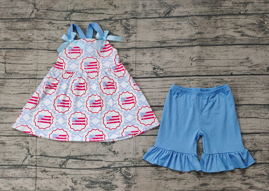 Preorder Baby Girl Straps Bows Flags Tops Blue Ruffle Shorts Clothes Set ( No moq )