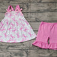 Preorder Baby Girl Straps Pink Bows Tops Ruffle Shorts Clothes Set ( No moq )