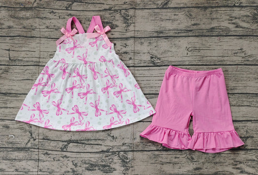 Preorder Baby Girl Straps Pink Bows Tops Ruffle Shorts Clothes Set ( No moq )