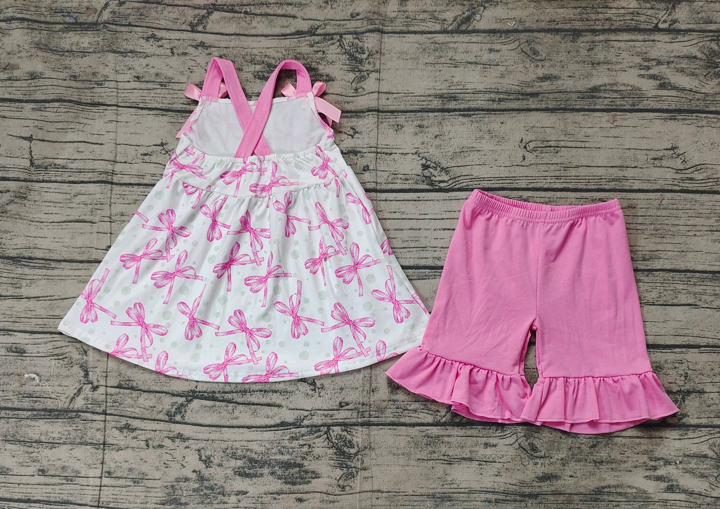 Preorder Baby Girl Straps Pink Bows Tops Ruffle Shorts Clothes Set ( No moq )