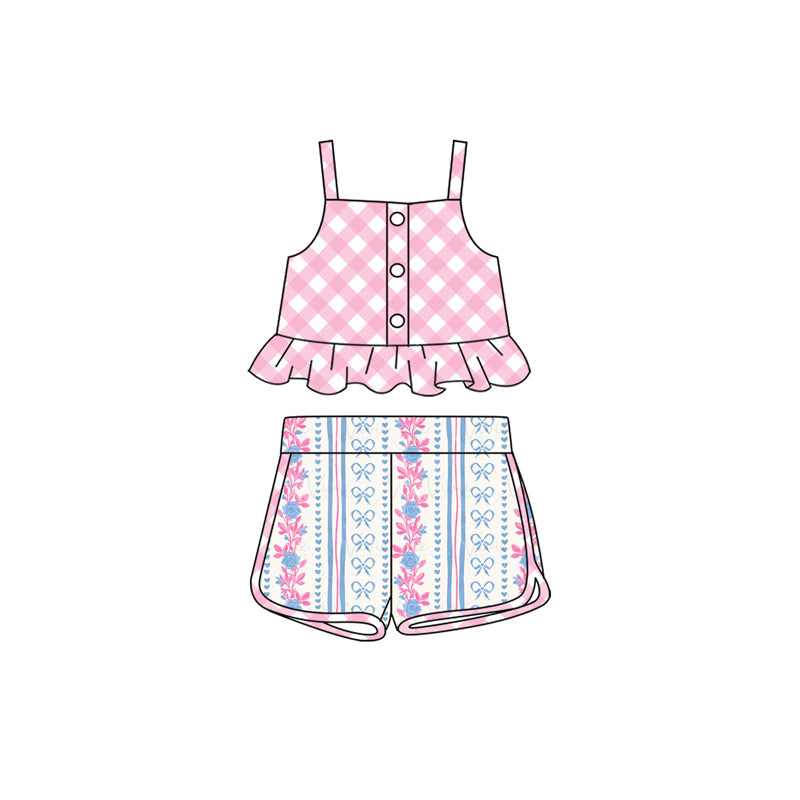 Preorder Baby Girl Straps Dots Pink Tops Flower Bows Shorts Set ( Moq 5 )