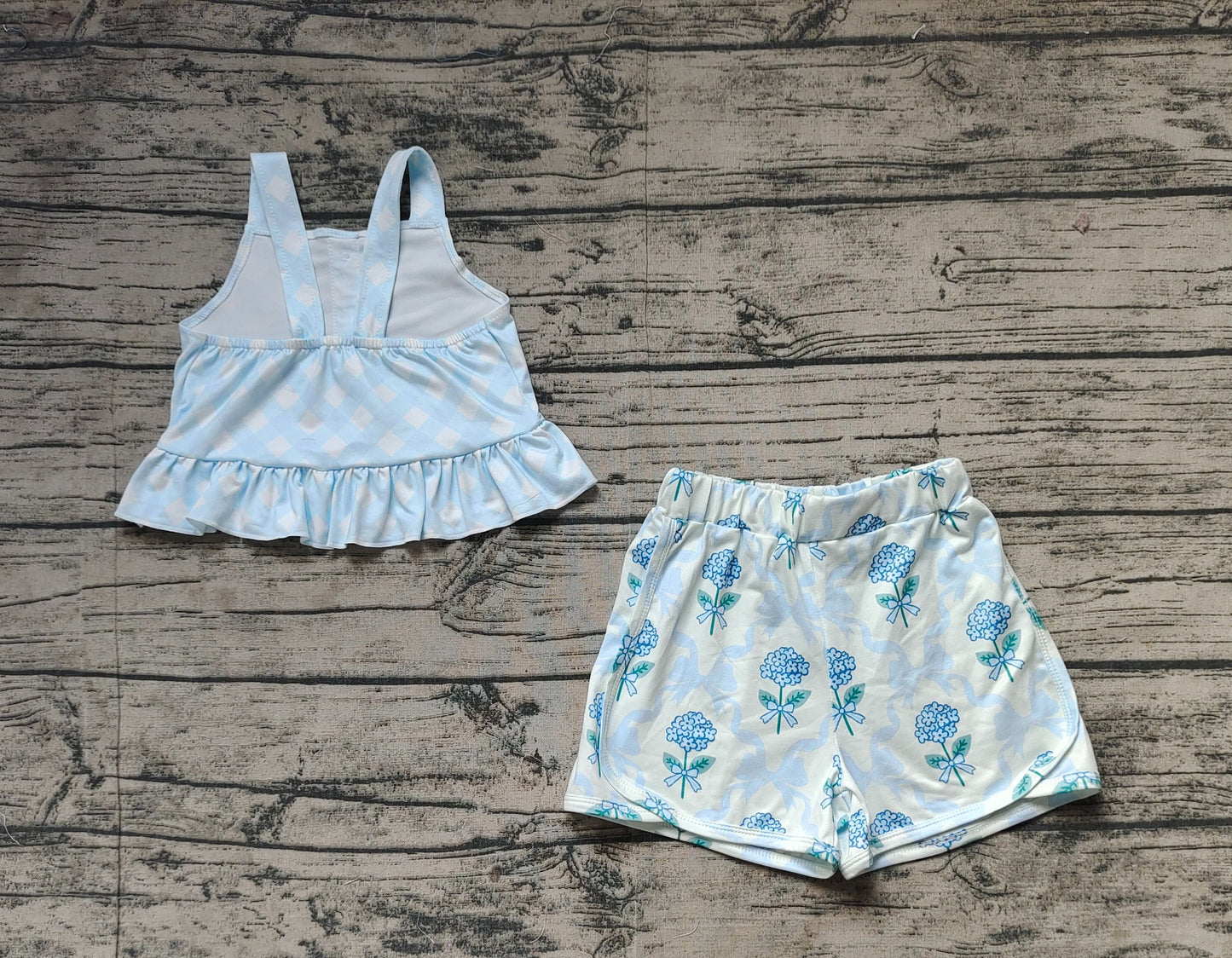 Baby Girl Straps Dots Blue Tops Flower Bows Shorts Set RTS