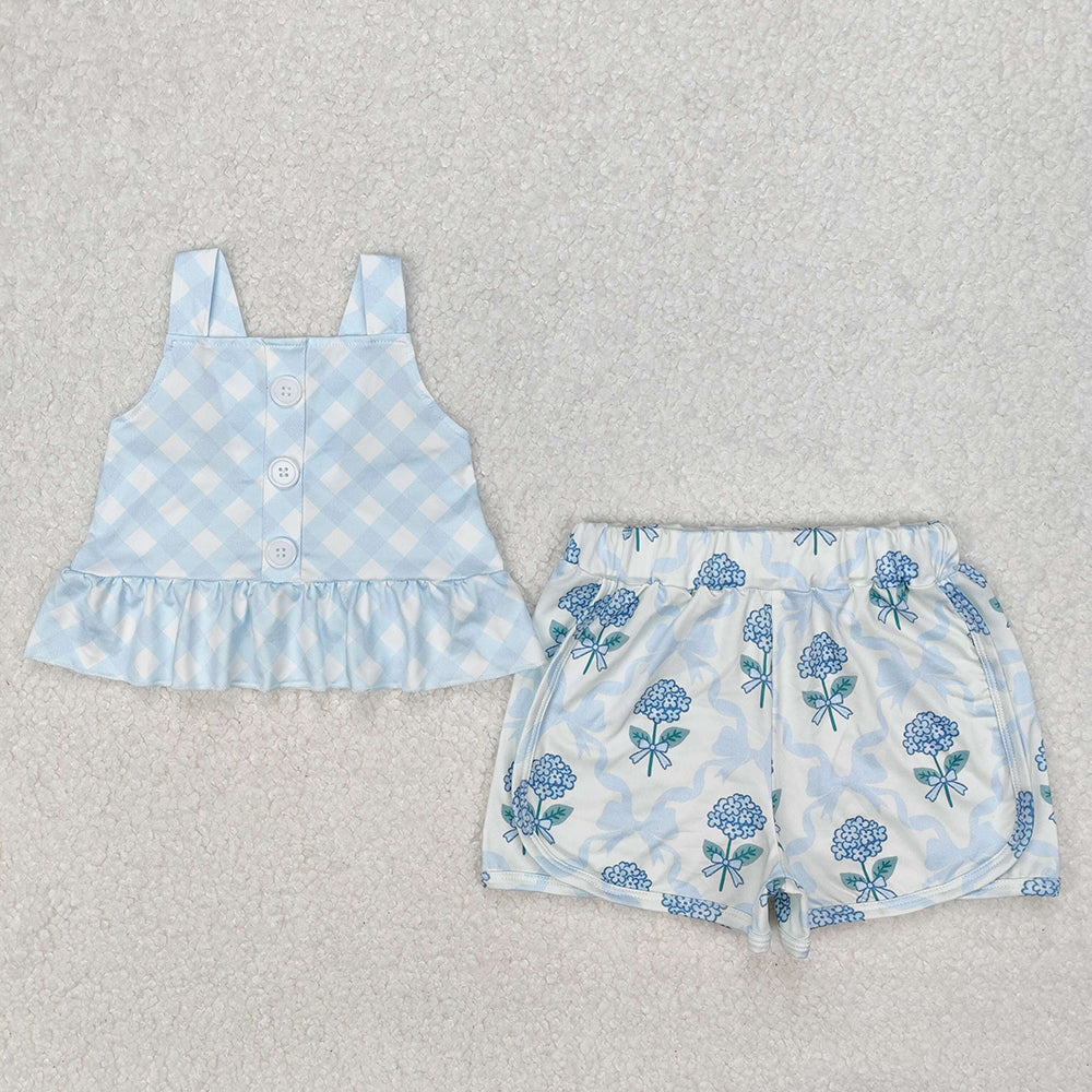 Baby Girl Blue Flower Bows Sibling Set Yoga Skort Dress RTS