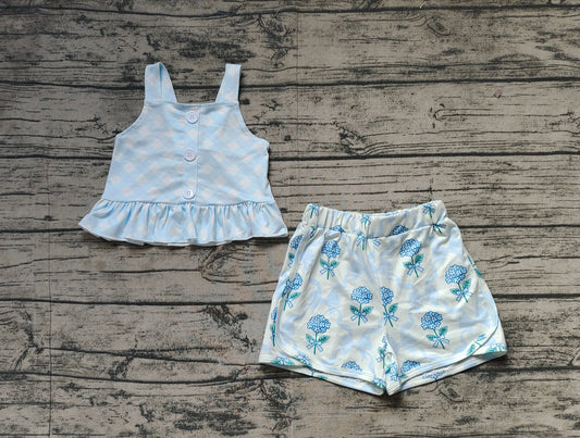 Preorder Baby Girl Straps Dots Blue Tops Flower Bows Shorts Set ( No moq )