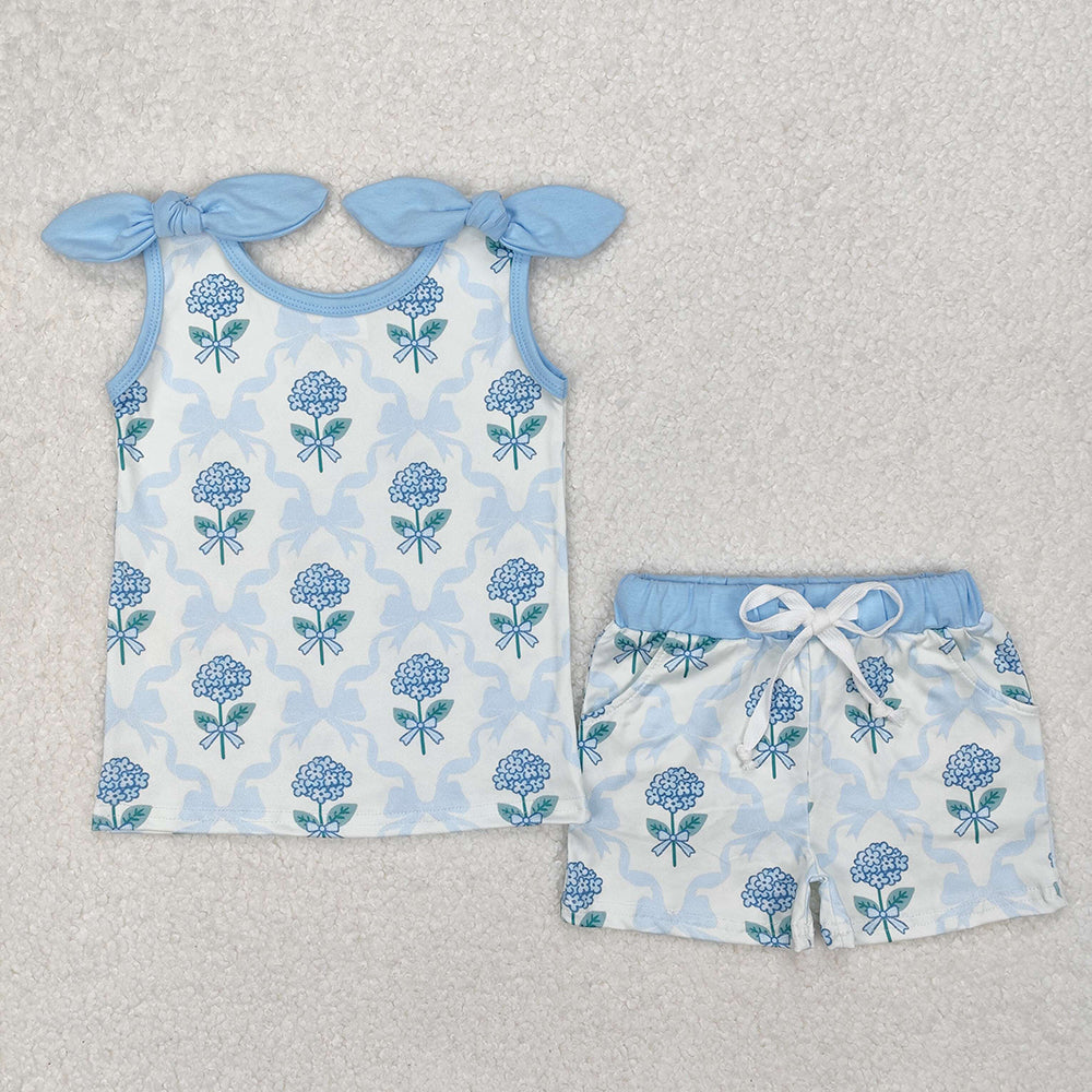 Baby Girl Blue Flower Bows Sibling Set Yoga Skort Dress RTS