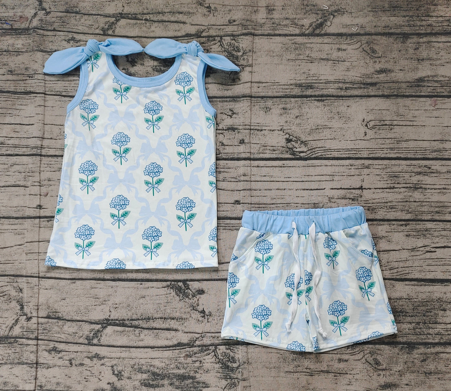 Preorder Baby Girl Straps Flower Blue Bows Tops Shorts Clothes Set ( No moq )