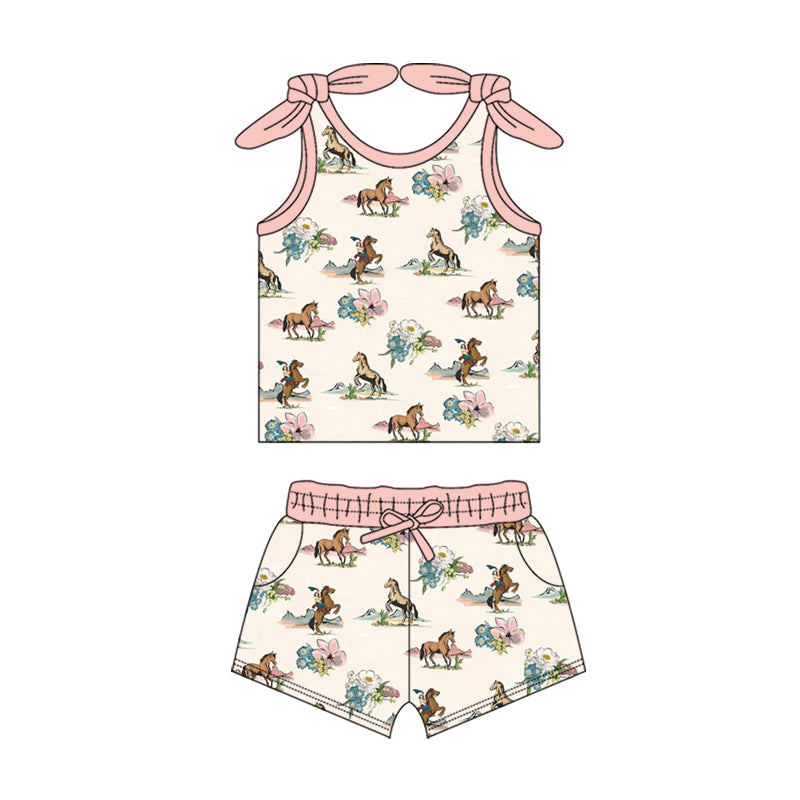 Preorder Baby Girl Western Horse Rodeo Flower Tops Shorts Clothes Set ( Moq 5 )