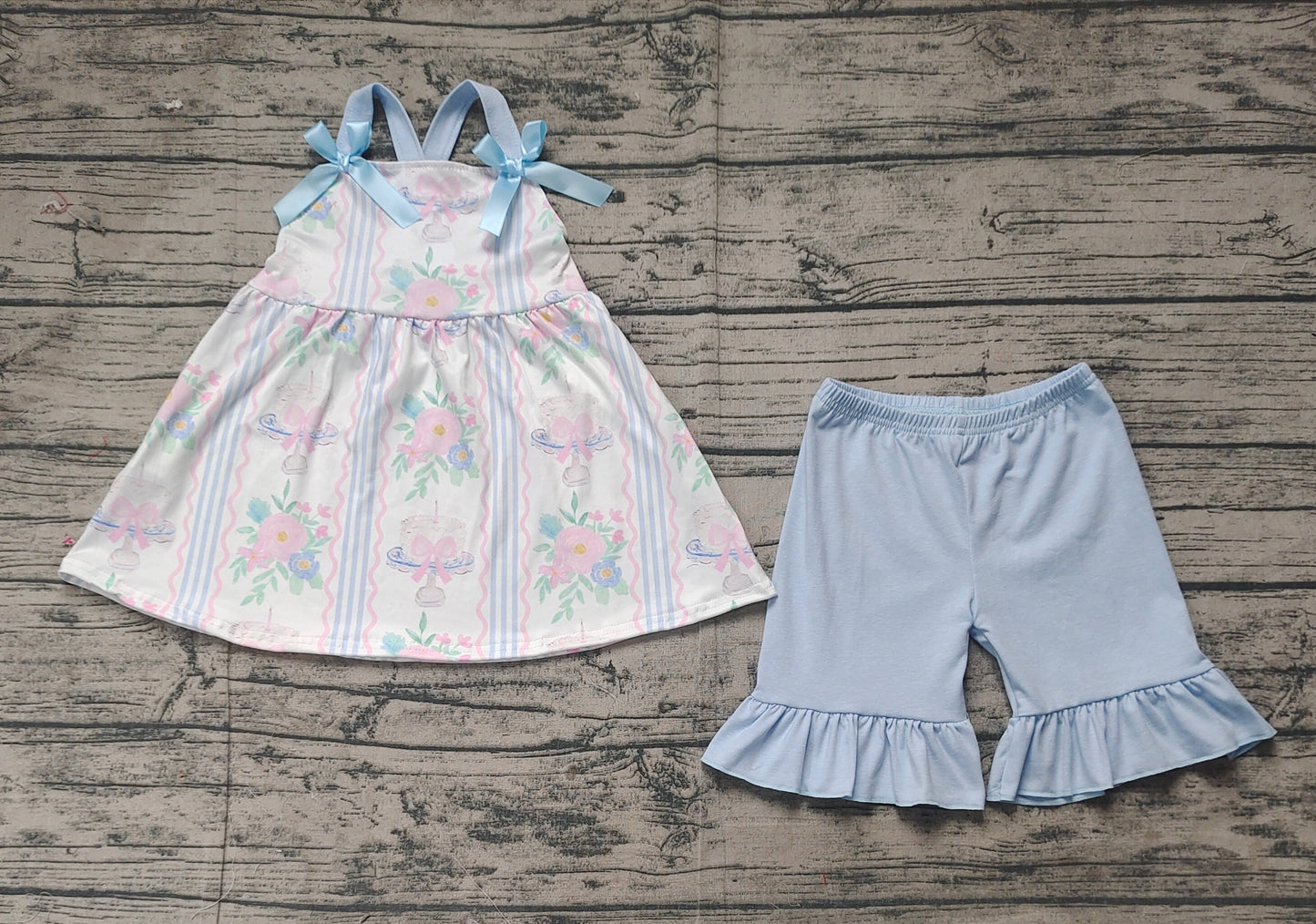 Preorder Baby Girl Infant Straps Flower Cake Birthday Tops Blue Shorts Set ( No moq )